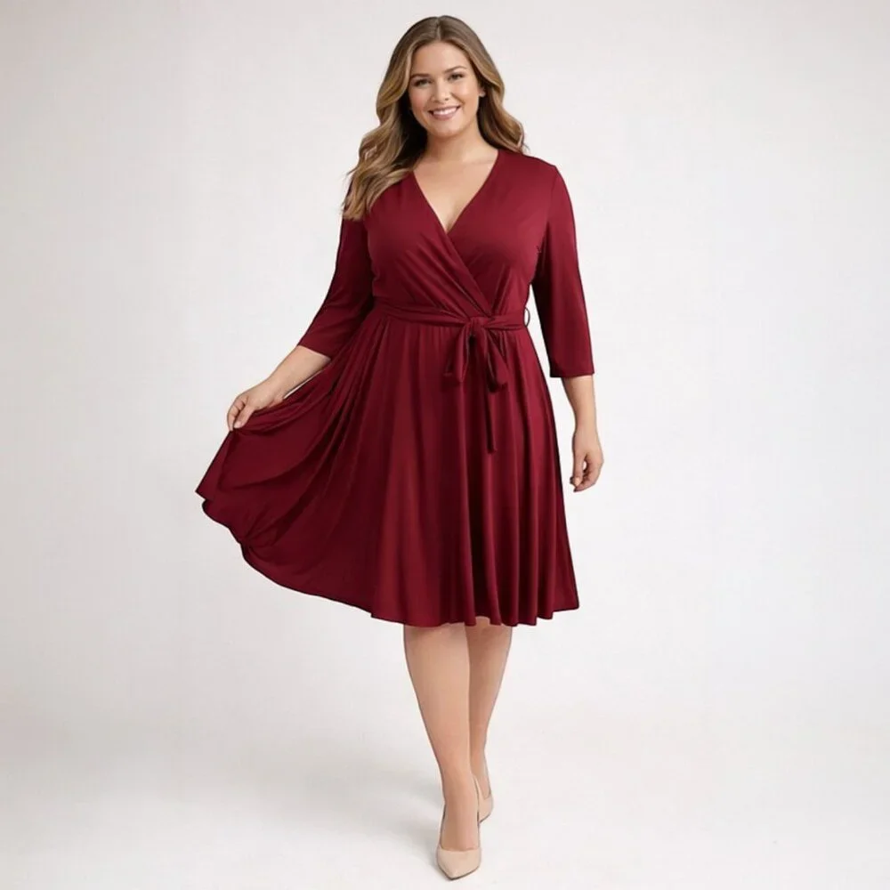 Flattering Burgundy Faux Wrap V-Neck Pleated Dress XL Self Tie Belt - Picture 3 of 6
